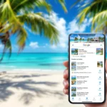 Seo aux antilles en 2025 : le guide ultime pour booster votre visibilité 16 Seo antilles : plage tropicale avec smartphone affichant des résultats de recherche google locaux.