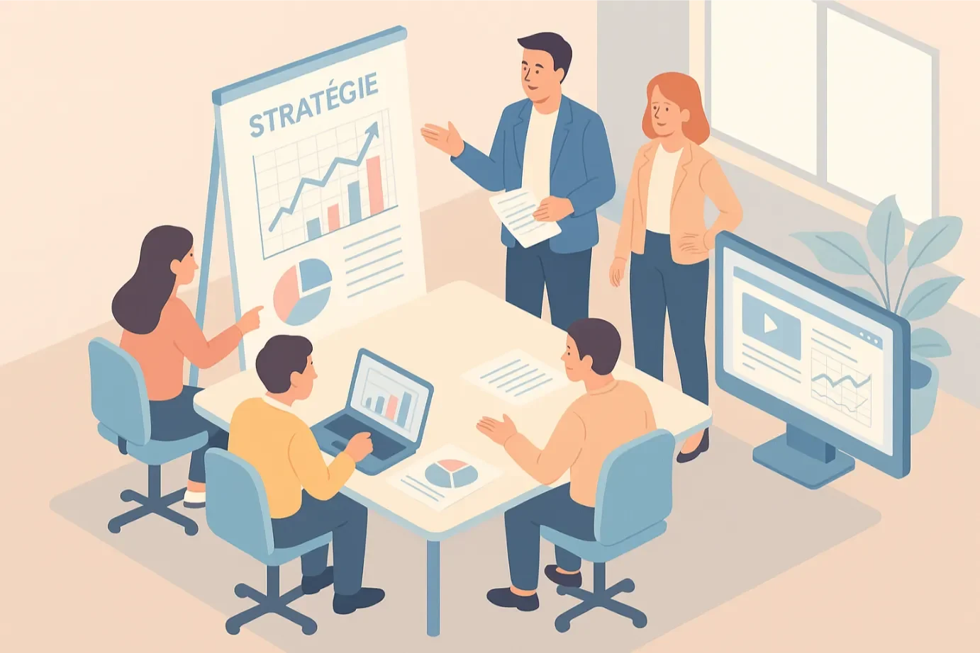 Agence de communication : guide complet pour choisir la meilleure solution en 2025 1 Illustration conceptuelle d'une agence de communication élaborant une stratégie globale.