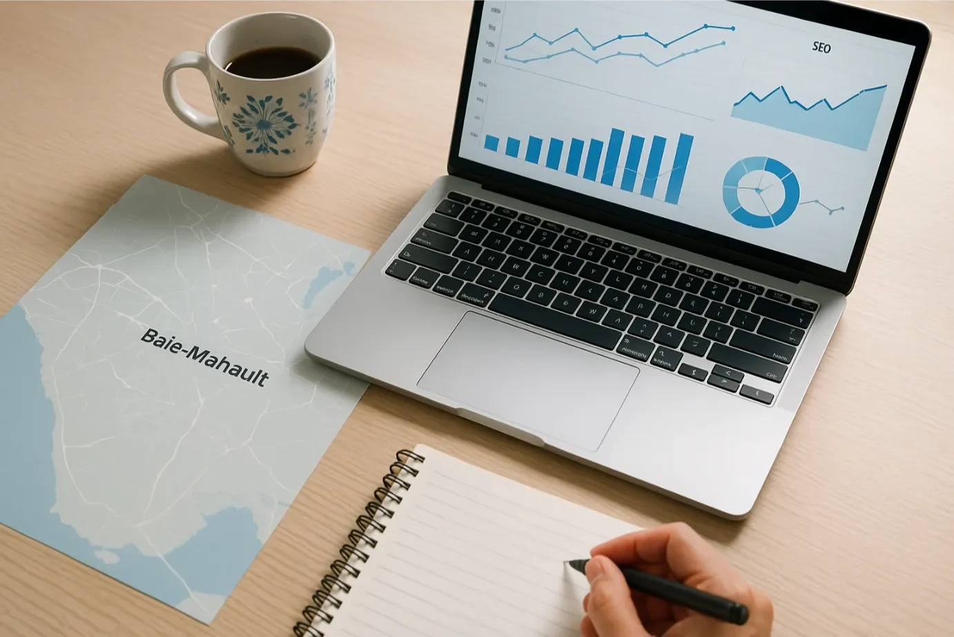 Consultant seo baie-mahault travaillant sur un ordinateur portable avec une carte de la guadeloupe et des graphiques de croissance en arrière-plan.