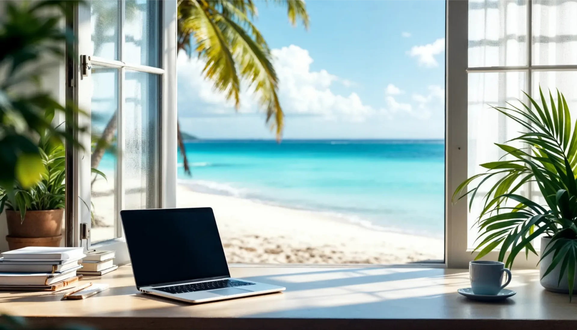 Consultant seo sainte-anne, guadeloupe 1 Consultant seo travaillant sur un ordinateur portable avec vue sur une plage de sainte-anne, guadeloupe.