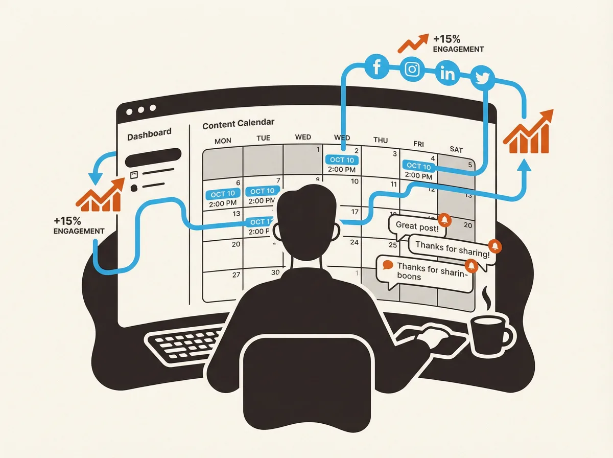 Gestion community management organisée avec calendrier éditorial et métriques