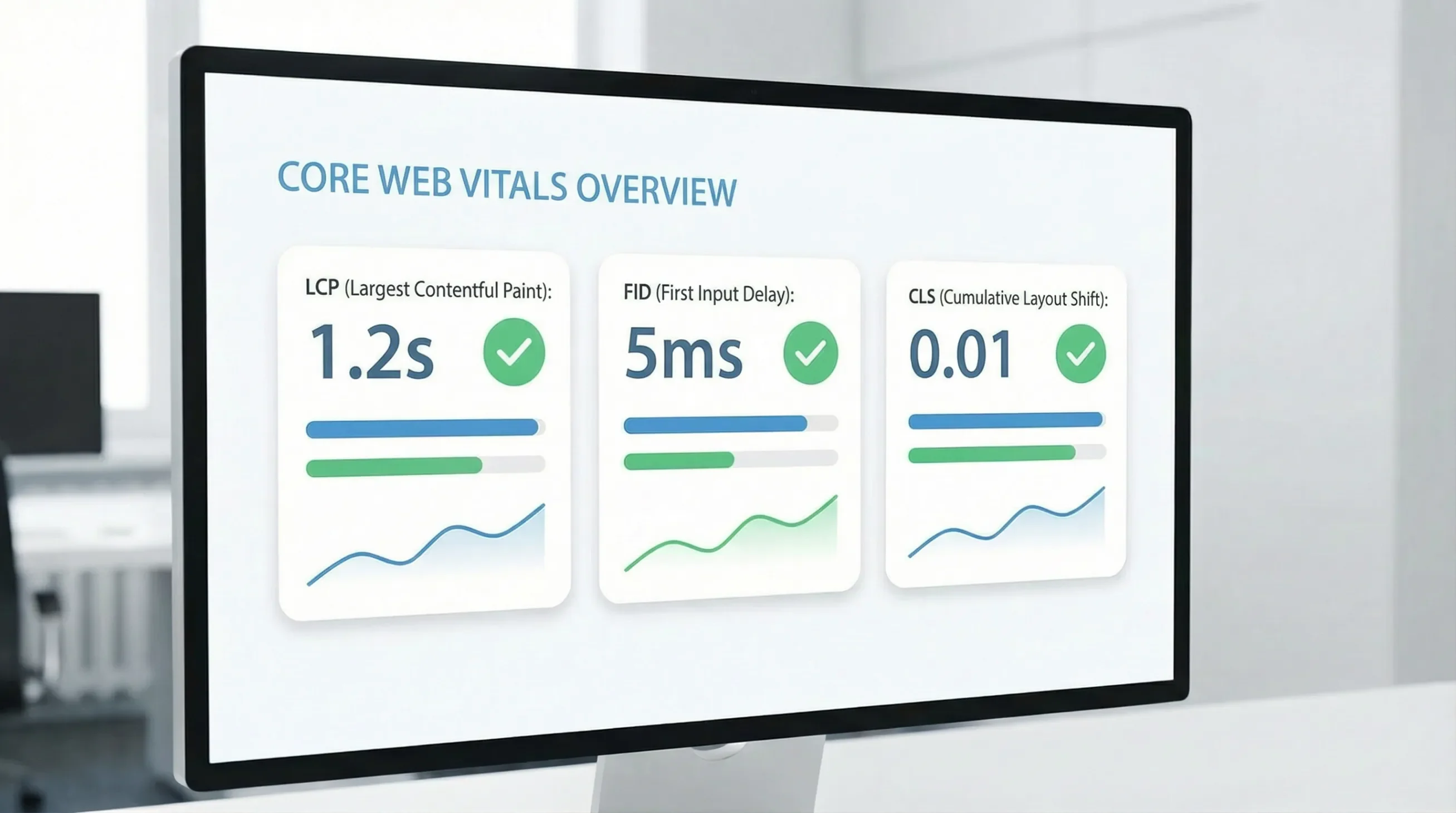 Core web vitals : tableau de bord affichant lcp, fid et cls avec indicateurs verts