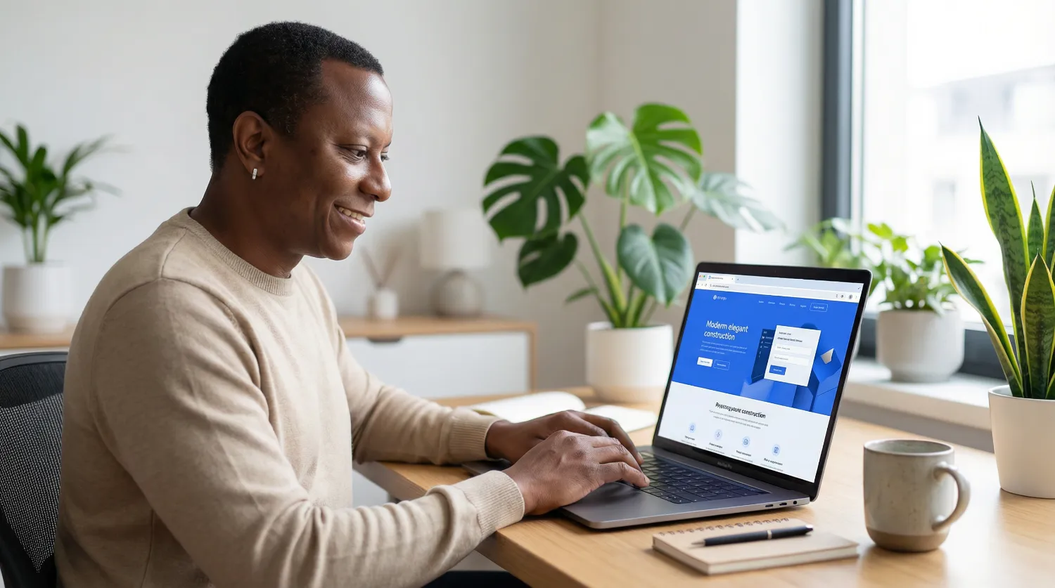 Freelance développeur web créant un site professionnel sur mesure dans son bureau moderne