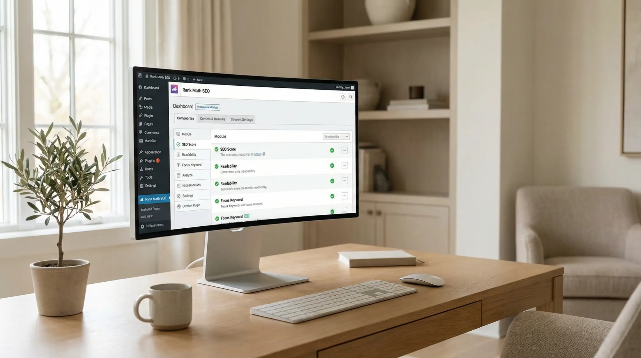 Plugins SEO WordPress : tableau de bord Rank Math sur écran professionnel