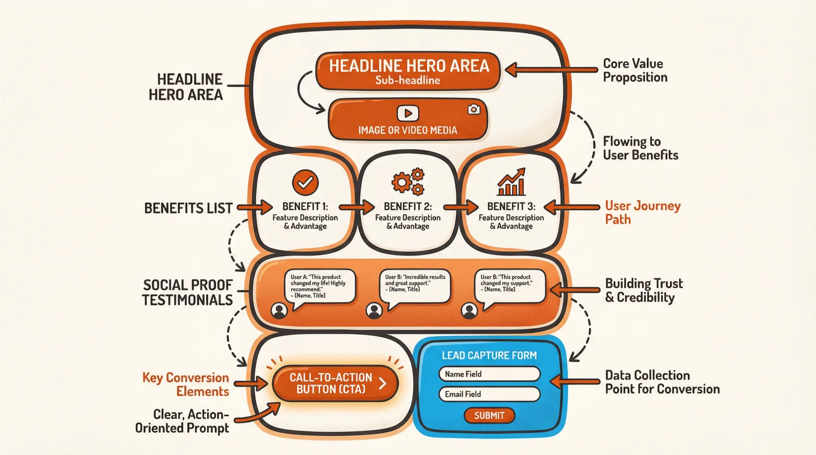 Structure type d'une landing page avec sections