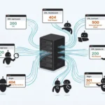 Modern flat vector illustration, a central server rack with glowing log file lines flowing outward, connecting to floating browser windows showing url paths and http status codes, small abstract robot silhouettes approaching the server from different angles, charcoal #292524 main elements, burnt orange #ea580c highlights on status codes and alert indicators, sky blue #0ea5e9 secondary accents on data flow lines, warm white #fafaf9 background, organic rounded shapes, subtle paper grain texture, soft colored shadows, professional friendly aesthetic