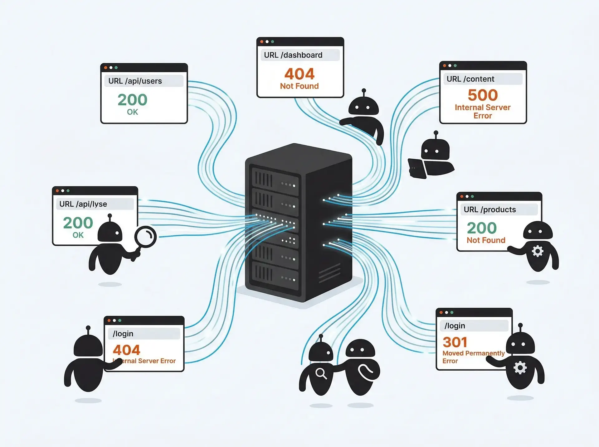 Modern flat vector illustration, a central server rack with glowing log file lines flowing outward, connecting to floating browser windows showing url paths and http status codes, small abstract robot silhouettes approaching the server from different angles, charcoal #292524 main elements, burnt orange #ea580c highlights on status codes and alert indicators, sky blue #0ea5e9 secondary accents on data flow lines, warm white #fafaf9 background, organic rounded shapes, subtle paper grain texture, soft colored shadows, professional friendly aesthetic