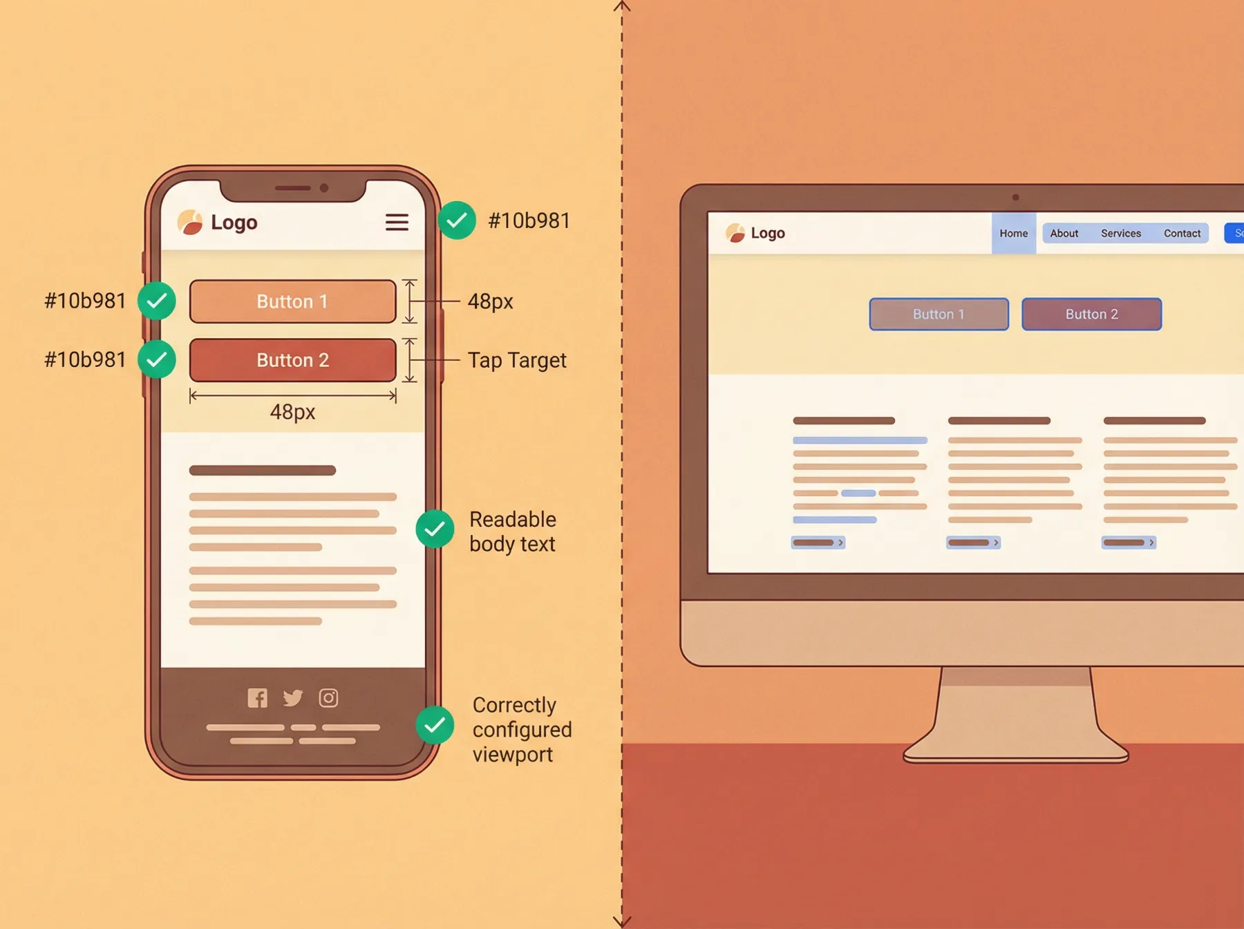 Comparaison d'affichage mobile vs desktop lors d'un audit technique de site internet - illustration warm modern