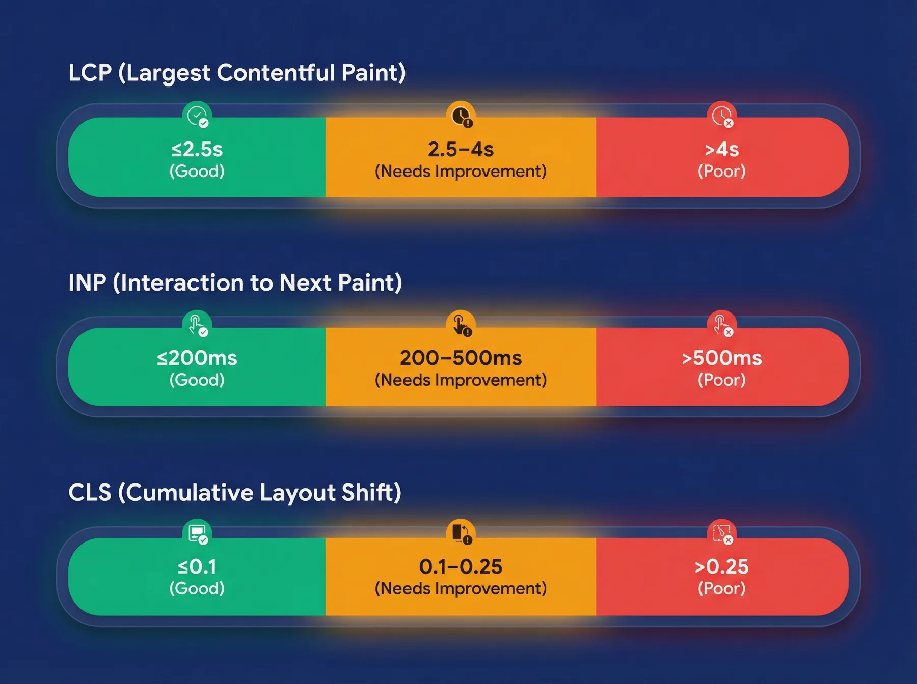 Infographie des seuils core web vitals 2026 - lcp 2,5 s, inp 200 ms, cls 0,1 - code couleur vert, orange, rouge
