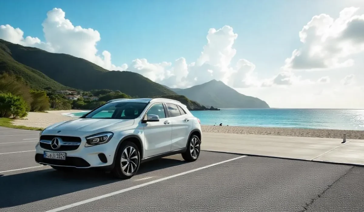 location-voiture-ptp Comment booster ses réservations de location de voiture à PTP avec une voiture devant l’aéroport PTP au coucher du soleil