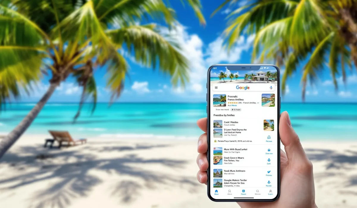 SEO Antilles : Plage tropicale avec smartphone affichant des résultats de recherche Google locaux.